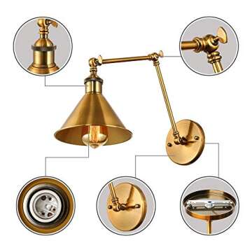 LITFAD Adjustable Brass Finish 1 Light Wall Sconce 7.5" Industrial Wall Lamp Mounted Lighting Fixture with Cone Shade