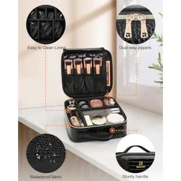 Relavel Travel Makeup Case, Train Case Makeup Brush Organizer, Professional Makeup Artist Makeup Bag, with Adjustable Partition and Shoulder Straps (Crocodile, Small)