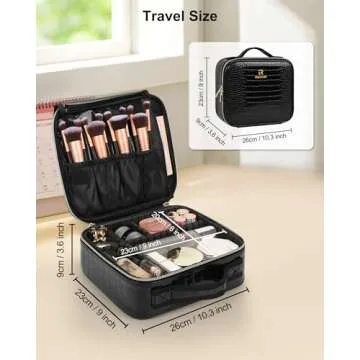 Relavel Travel Makeup Case, Train Case Makeup Brush Organizer, Professional Makeup Artist Makeup Bag, with Adjustable Partition and Shoulder Straps (Crocodile, Small)