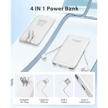 TG90° Mini Power Bank with Built-in Foldable AC Wall Plug and Cables, 5000mAh Slim Portable Phone C...