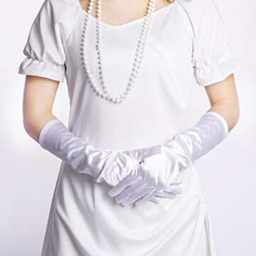 Lystaii Long Opera Party 20s Satin Gloves Stretchy Elbow Length Wedding 15 Inch Classic (White)