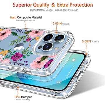 GiiKa for iPhone 13 Pro Case with Screen Protector, 6.1 inch Clear Full Body Shockproof Protective Floral Girls Women Hard Case with TPU Bumper Cover Phone Case for iPhone 13 Pro, Small Flowers