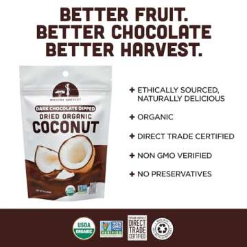 Mavuno Harvest Organic Chocolate Covered Coconut - Organic Dried Coconut Dipped in Dark Chocolate - Non GMO, Preservative Free, Fair Trade & Vegan Chocolate Treats - Healthy Chocolate Snacks - 1lb Bag