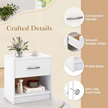 Giantex Night Stand with Drawer, Wood Modern End Table with Open Storage Shelf for Bedroom, Compact Floor Sofa Side Table for Small Spaces, Mid Century Bedside Table for Home Office, White
