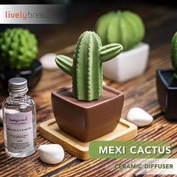 Lively Breeze Maxi Cactus, Non-Electric Ceramic Diffusers for Essential Oils and Aromatherapy Fragra...
