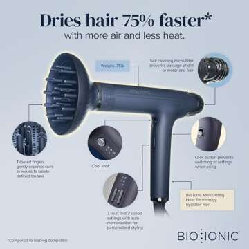 Bio Ionic Smart-X Hair Dryer with Diffuser, High-Efficiency Blow Dryer with 3 Heat & 3 Speed Settings, Diffuser Hair Dryer Gently Dries, Defines & Reduces Frizz, Self Cleaning Function, Alpine White