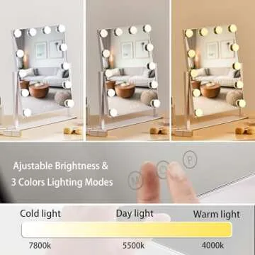 HIEEY Hollywood Vanity Mirror with 12 Dimmable Bulbs Lights, Three Color Lighting Modes, and 5X Magn...