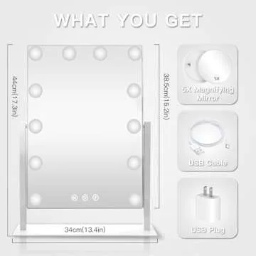 HIEEY Hollywood Vanity Mirror with 12 Dimmable Bulbs Lights, Three Color Lighting Modes, and 5X Magnification, Smart Touch Control, 360°Rotation (White,Gift Box)
