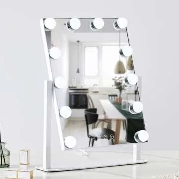 HIEEY Hollywood Vanity Mirror with 12 Dimmable Bulbs Lights, Three Color Lighting Modes, and 5X Magnification, Smart Touch Control, 360°Rotation (White,Gift Box)