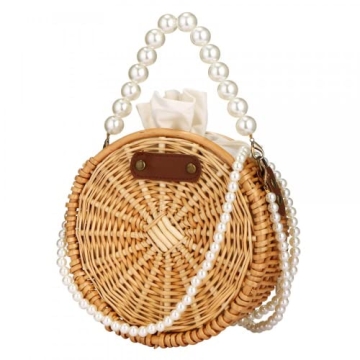 Round Rattan Bag, Pearl Purse, Summer Tote Bag, Top Handle Handbag, Beach Bag Purse for Women, Top H...