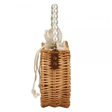 Round Rattan Bag, Pearl Purse, Summer Tote Bag, Top Handle Handbag, Beach Bag Purse for Women, Top Handle Handbag