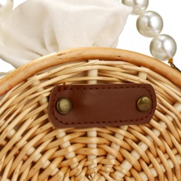 Round Rattan Bag, Pearl Purse, Summer Tote Bag, Top Handle Handbag, Beach Bag Purse for Women, Top Handle Handbag