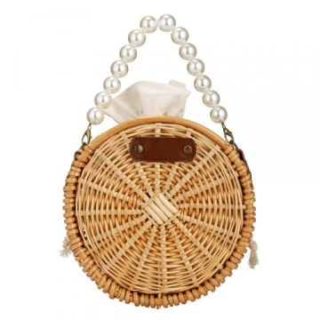 Round Rattan Bag, Pearl Purse, Summer Tote Bag, Top Handle Handbag, Beach Bag Purse for Women, Top Handle Handbag