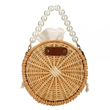 Round Rattan Bag, Pearl Purse, Summer Tote Bag, Top Handle Handbag, Beach Bag Purse for Women, Top Handle Handbag