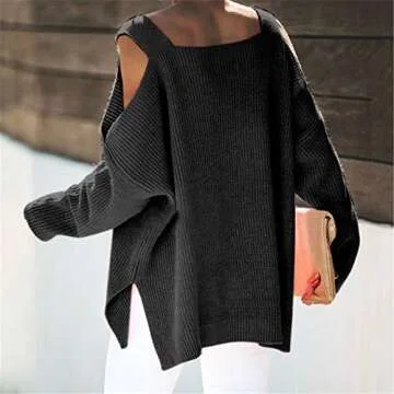 MaQiYa Women's Cold Shoulder Oversized Sweaters Batwing Long Sleeve Square Neck Chunky Knit Fall Tunic Sweater Tops Black