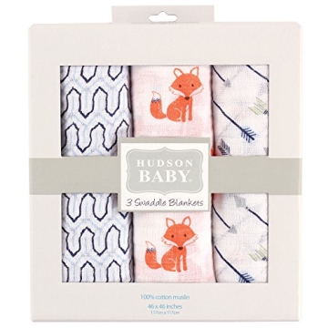 Hudson Baby Unisex Cotton Muslin Swaddle Blankets - 3-Pack