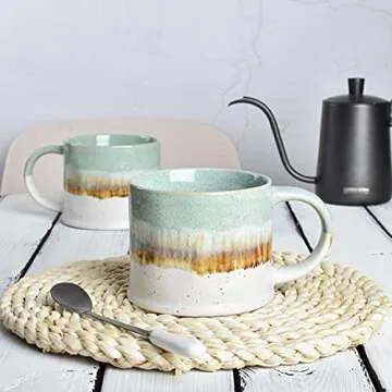 Bosmarlin Medium Ceramic Coffee Mug Set of 2, 15 oz, Big Stoneware Tea Cup for Office and Home, Dishwasher and Microwave Safe (Green, 2)