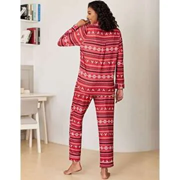 Ekouaer Christmas Pajamas Women's Cozy Button Down Nightwear Cotton Sleepwear Pjs Set Holiday Party Lounge Set Medium,Christmas Pattern