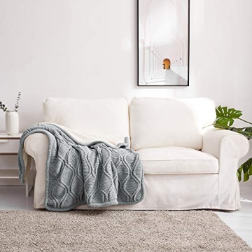 Longhui bedding Grey Chenille Cable Knit Sherpa Throw Blanket – Thick, Soft, Big, Cozy Gray Knitted Fleece Blankets for Couch, Sofa, Bed – Large 51 x 63 Inches Coverlet All Season