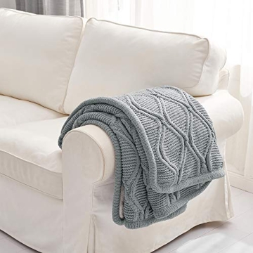 Longhui bedding Grey Chenille Cable Knit Sherpa Throw Blanket – Thick, Soft, Big, Cozy Gray Knitted Fleece Blankets for Couch, Sofa, Bed – Large 51 x 63 Inches Coverlet All Season
