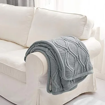 Longhui bedding Grey Chenille Cable Knit Sherpa Throw Blanket – Thick, Soft, Big, Cozy Gray Knitted Fleece Blankets for Couch, Sofa, Bed – Large 51 x 63 Inches Coverlet All Season