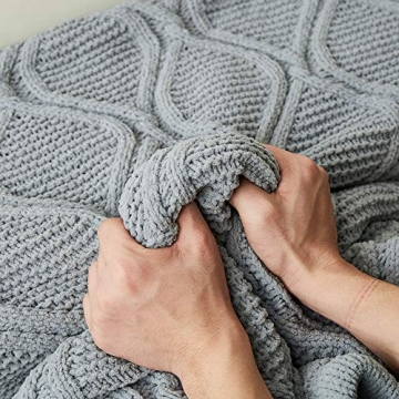 Longhui bedding Grey Chenille Cable Knit Sherpa Throw Blanket – Thick, Soft, Big, Cozy Gray Knitted Fleece Blankets for Couch, Sofa, Bed – Large 51 x 63 Inches Coverlet All Season
