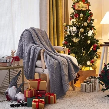 Longhui bedding Grey Chenille Cable Knit Sherpa Throw Blanket – Thick, Soft, Big, Cozy Gray Knitted Fleece Blankets for Couch, Sofa, Bed – Large 51 x 63 Inches Coverlet All Season