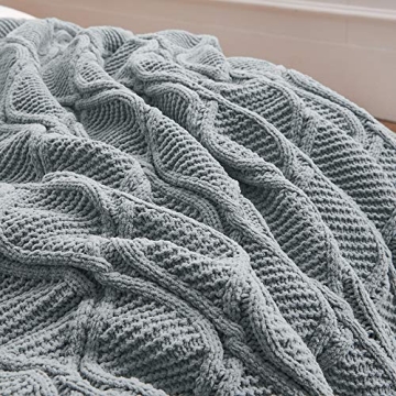 Longhui bedding Grey Chenille Cable Knit Sherpa Throw Blanket – Thick, Soft, Big, Cozy Gray Knitted Fleece Blankets for Couch, Sofa, Bed – Large 51 x 63 Inches Coverlet All Season