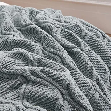 Longhui bedding Grey Chenille Cable Knit Sherpa Throw Blanket – Thick, Soft, Big, Cozy Gray Knitted Fleece Blankets for Couch, Sofa, Bed – Large 51 x 63 Inches Coverlet All Season