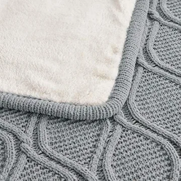 Longhui bedding Grey Chenille Cable Knit Sherpa Throw Blanket – Thick, Soft, Big, Cozy Gray Knitted Fleece Blankets for Couch, Sofa, Bed – Large 51 x 63 Inches Coverlet All Season
