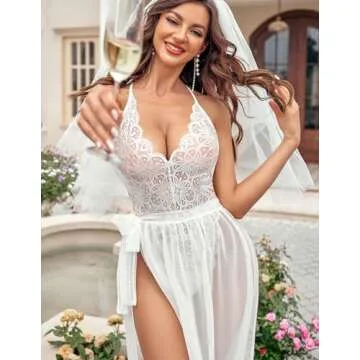 Avidlove Women One Piece Lingerie Deep V Lace Bodysuit Wedding Lingerie for Bride (Mosaic Teddy white, Small)