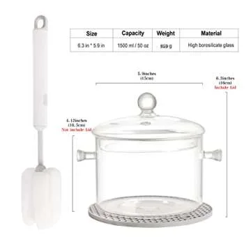 Clear Glass Pot Set for Cooking On Stove - 1.5l/50 Fl Oz Glass Cookware Simmer Pot for Safe for Past...