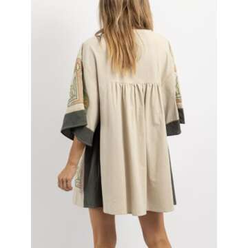 Joiemont Womens Embroidered Dress with V-Neck and 3/4 Sleeves Loose Fit Vintage Embroidery Babydoll ...