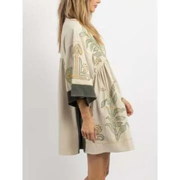 Joiemont Womens Embroidered Dress with V-Neck and 3/4 Sleeves Loose Fit Vintage Embroidery Babydoll Dress(0603-Olive-XS)