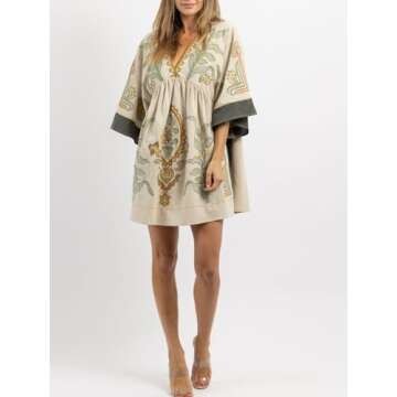 Joiemont Womens Embroidered Dress with V-Neck and 3/4 Sleeves Loose Fit Vintage Embroidery Babydoll Dress(0603-Olive-XS)