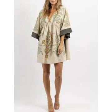 Joiemont Womens Embroidered Dress with V-Neck and 3/4 Sleeves Loose Fit Vintage Embroidery Babydoll Dress(0603-Olive-XS)