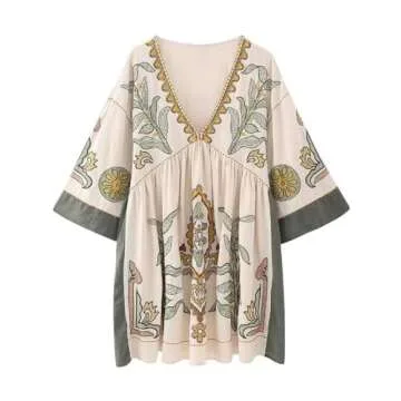 Joiemont Womens Embroidered Dress with V-Neck and 3/4 Sleeves Loose Fit Vintage Embroidery Babydoll Dress(0603-Olive-XS)