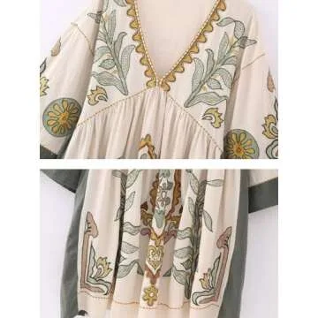 Joiemont Womens Embroidered Dress with V-Neck and 3/4 Sleeves Loose Fit Vintage Embroidery Babydoll Dress(0603-Olive-XS)