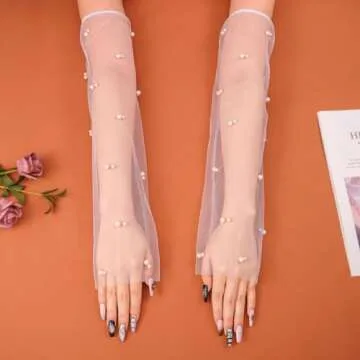CASDRE Long Wedding Tulle Gloves White Pearl Bridal Arm Sleeves Elbow Length Fingerless Halloween Gloves for Women and Girls