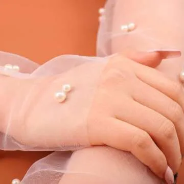 CASDRE Long Wedding Tulle Gloves White Pearl Bridal Arm Sleeves Elbow Length Fingerless Halloween Gloves for Women and Girls