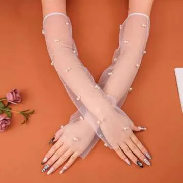 CASDRE Long Wedding Tulle Gloves White Pearl Bridal Arm Sleeves Elbow Length Fingerless Halloween Gloves for Women and Girls