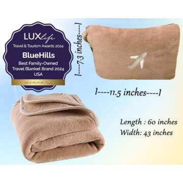BlueHills Travel Blanket Pillow in Mini Soft Case Premium Plush Airplane Blanket in Soft Bag Compact pack with Luggage Belt and Backpack Clip Warm Plane Pillows Traveling Gifts Packable - Beige M06