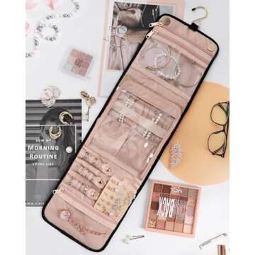 Travel Jewelry Organizer Case Jewelry Travel Pouch for Rings Storage, Earrings, Necklaces, Bracelets, Brooches, Foldable Travel Jewelry Roll Hanging Jewelry Bag Roll (Black, Small)