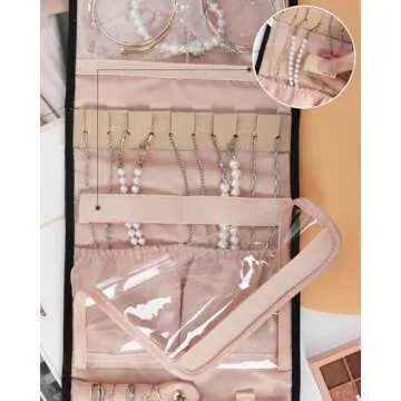 Travel Jewelry Organizer Case Jewelry Travel Pouch for Rings Storage, Earrings, Necklaces, Bracelets, Brooches, Foldable Travel Jewelry Roll Hanging Jewelry Bag Roll (Black, Small)