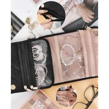 Travel Jewelry Organizer Case Jewelry Travel Pouch for Rings Storage, Earrings, Necklaces, Bracelets, Brooches, Foldable Travel Jewelry Roll Hanging Jewelry Bag Roll (Black, Small)