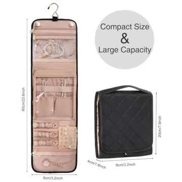 Travel Jewelry Organizer Case Jewelry Travel Pouch for Rings Storage, Earrings, Necklaces, Bracelets, Brooches, Foldable Travel Jewelry Roll Hanging Jewelry Bag Roll (Black, Small)