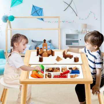 Beright Wooden Sensory Table, A Storage Tray with Compartments and 2 Small Storage Bins Included, Play Sand Water Table for Toddlers, Wooden Activity Table, for Birthday, Christmas