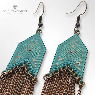 Soul Statement Vintage Country Western Jewelry for Women: Dangle Boho Turquoise & Bronze Patina Earrings with Long Copper Tassel Chains Set, Cowgirl Style Geometric Concert Festival Accessories (Copper Chain)
