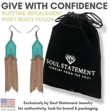 Soul Statement Vintage Country Western Jewelry for Women: Dangle Boho Turquoise & Bronze Patina Earrings with Long Copper Tassel Chains Set, Cowgirl Style Geometric Concert Festival Accessories (Copper Chain)