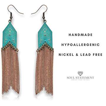 Soul Statement Vintage Country Western Jewelry for Women: Dangle Boho Turquoise & Bronze Patina Earrings with Long Copper Tassel Chains Set, Cowgirl Style Geometric Concert Festival Accessories (Copper Chain)